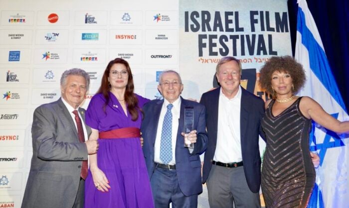 Israel Film Festival (IFF)-June 6, 2025 Prelude Luncheon 3 from left: IFF Executive Directory Meir Fenigstein with award winners Debra Messing and Rabbi Marvin Hier, producer Brad Krevoy and MC Sunda Croonquist-Photo courtesy Orly Halevy