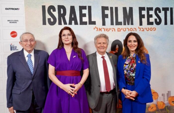 Israel Film Festival (IFF)-June 6, 2025 Prelude Luncheon 4 From left: Award winner Rabbi Marvin Hier, award winners Debra Messing, IFF Executive Director Meir Fenigstein, Beverly Hills Mayor Sharona R. Nazarian-Photo courtesy Orly Halevy