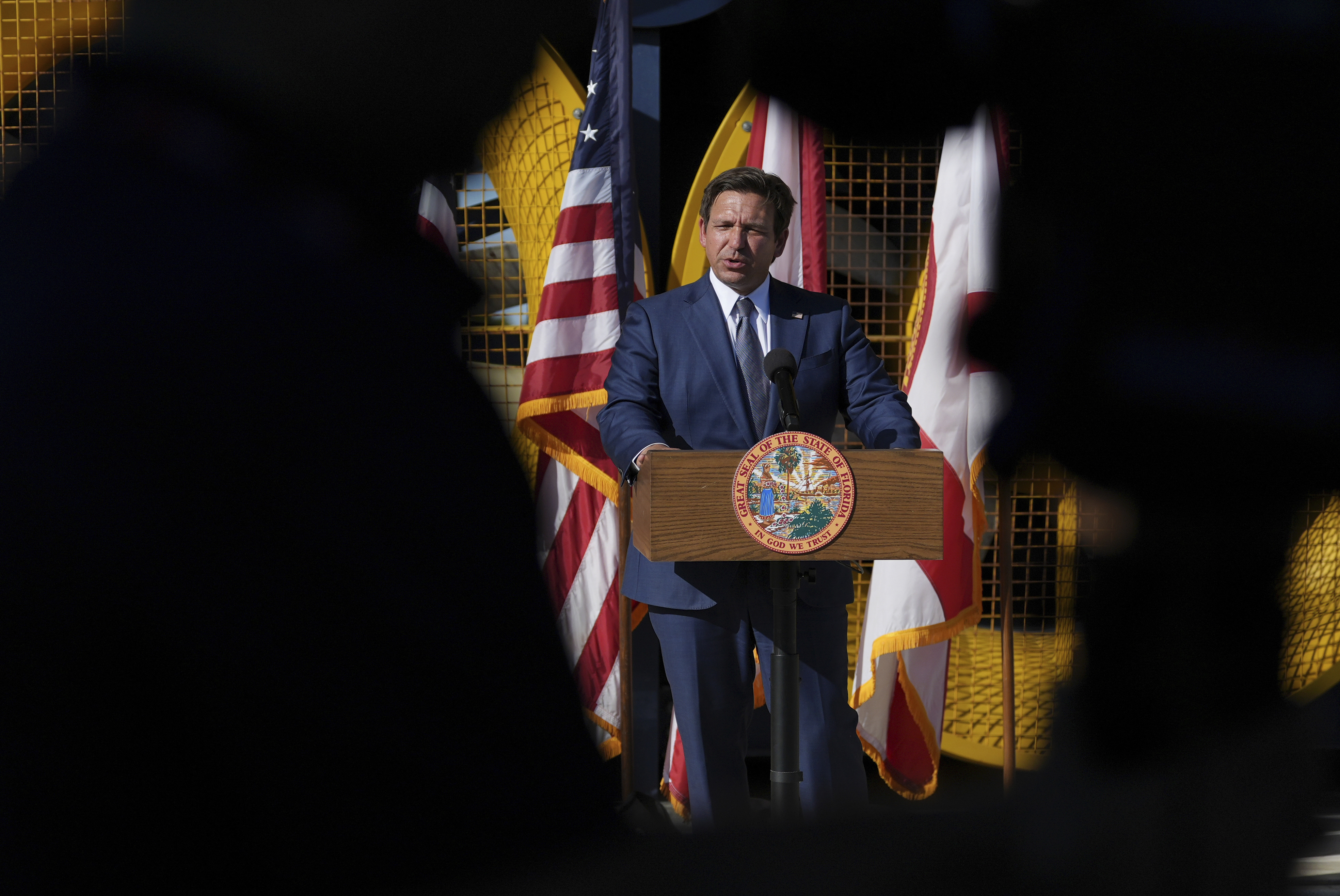 Florida Gov. Ron DeSantis speaks about plans to lower insurance prices in the state, during a press conference at Florida International University's Wall of Wind, an experimental facility focused on wind engineering research, Wednesday, Feb. 5, 2025, in Miami. 